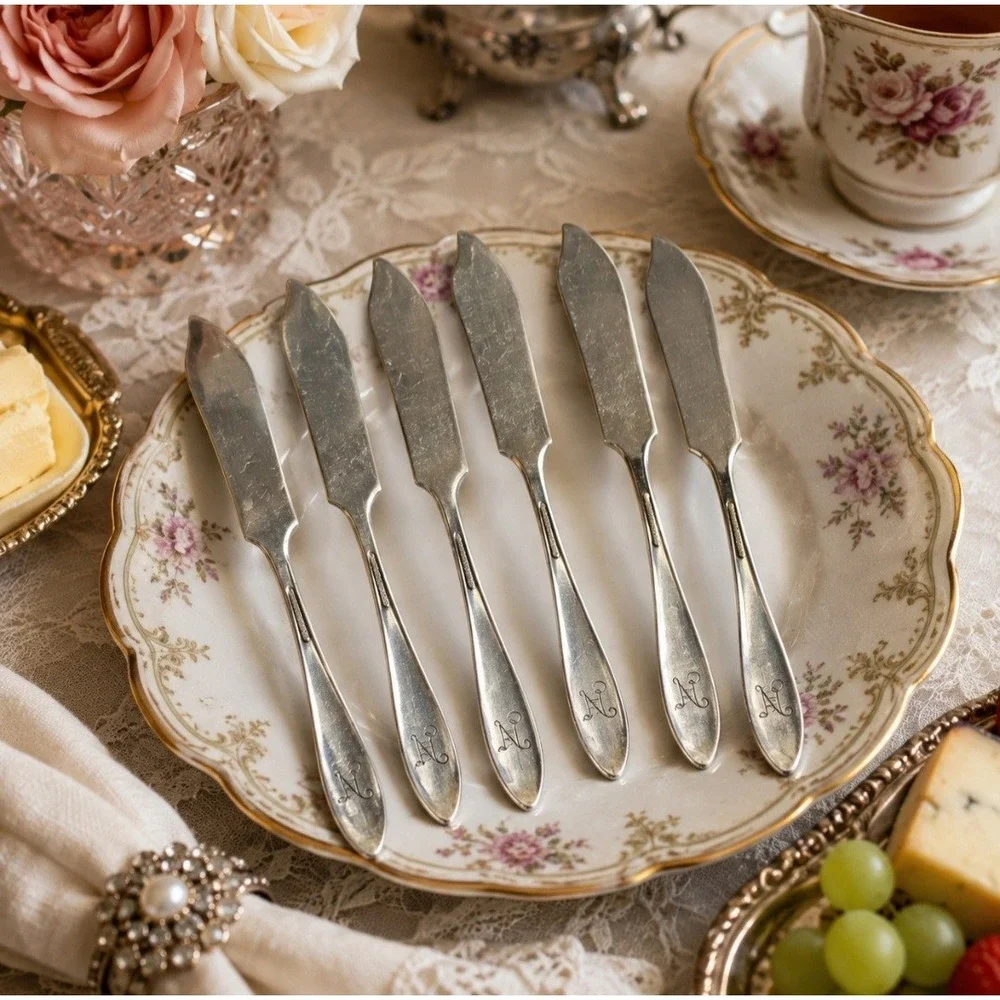 Vintage 1914 Oneida Patrician Silverplate Butter Spreaders Monogram N Set of 6